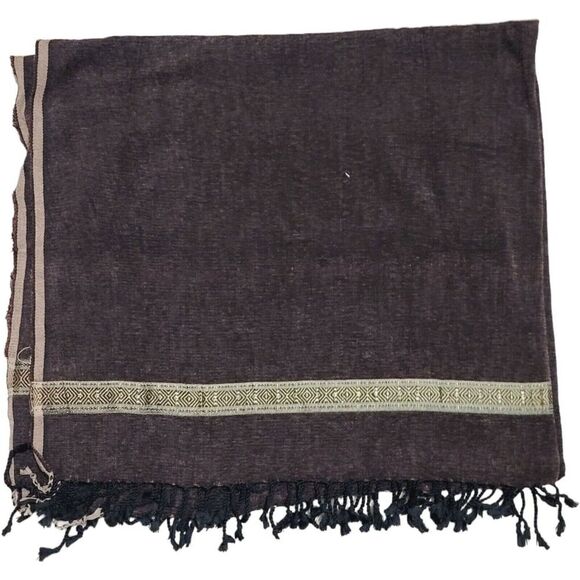 Handmade Other - New Hand Wowen Chocolate Brown Fringed Shawl Throw With Gold Trim 49" x 88"